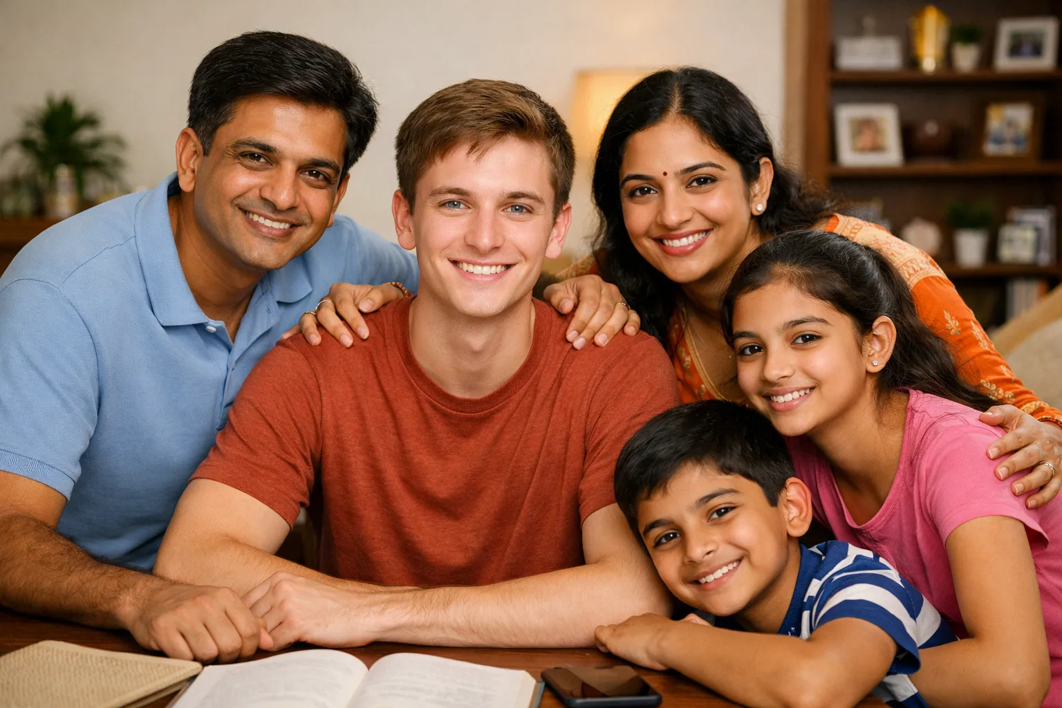 European family welcoming an exchange student